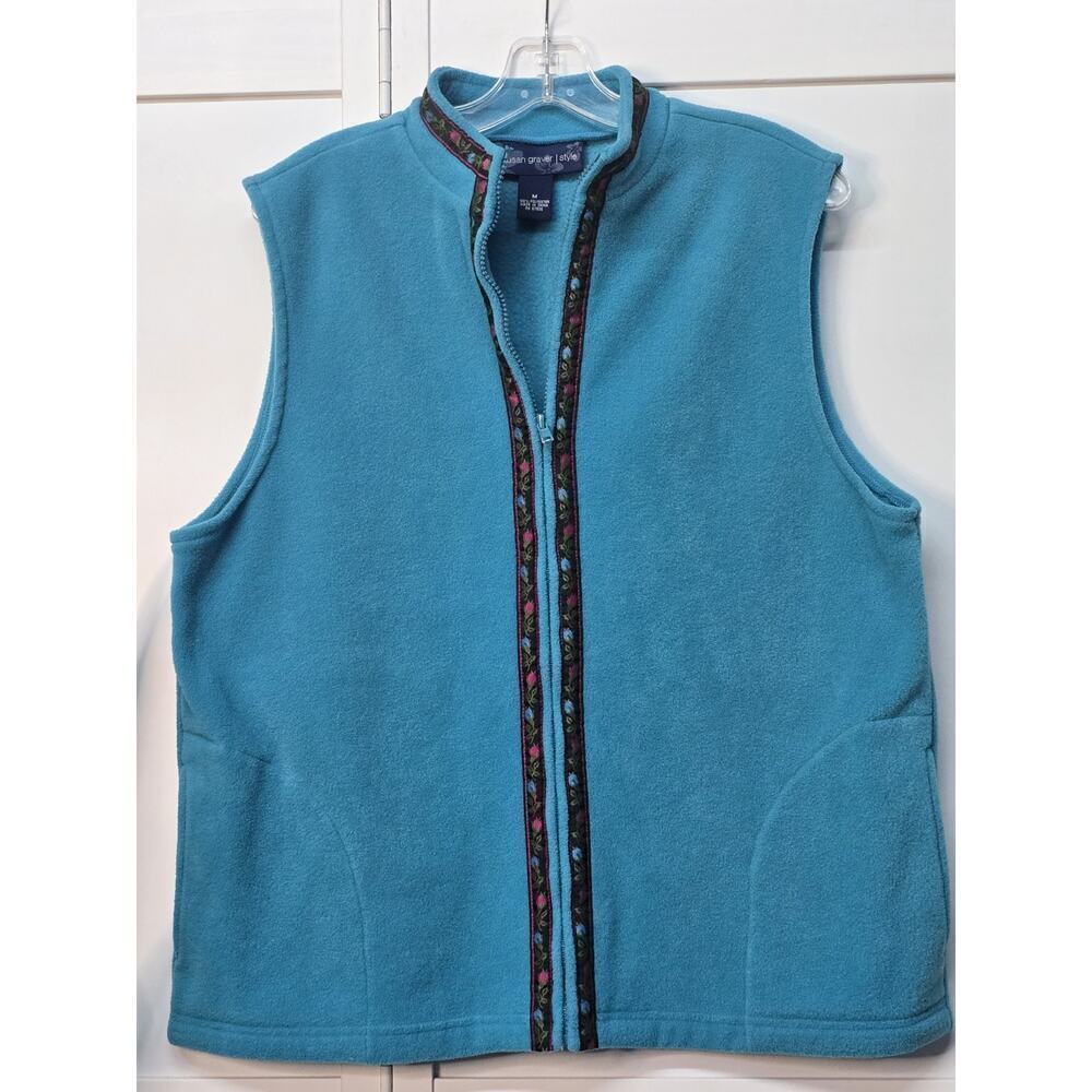 Susan Graver Fleece Vest Womens Medium Turquoise with Floral Trim Full Zip